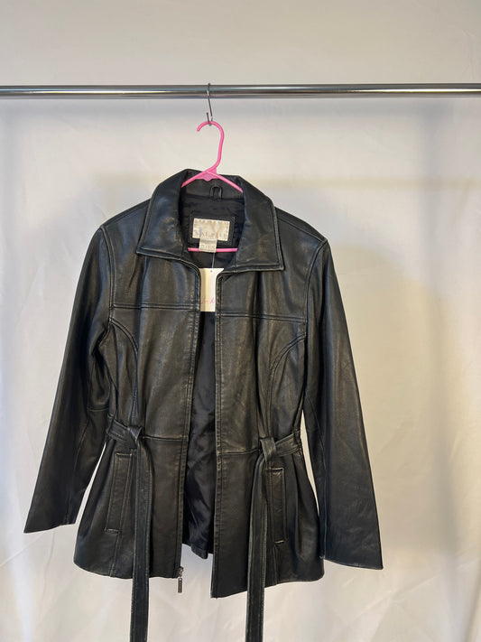 Black Leather Zip/Tie Waist Jacket