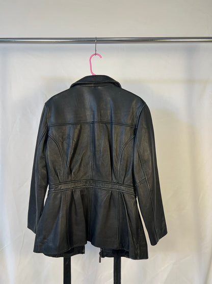 Black Leather Zip/Tie Waist Jacket