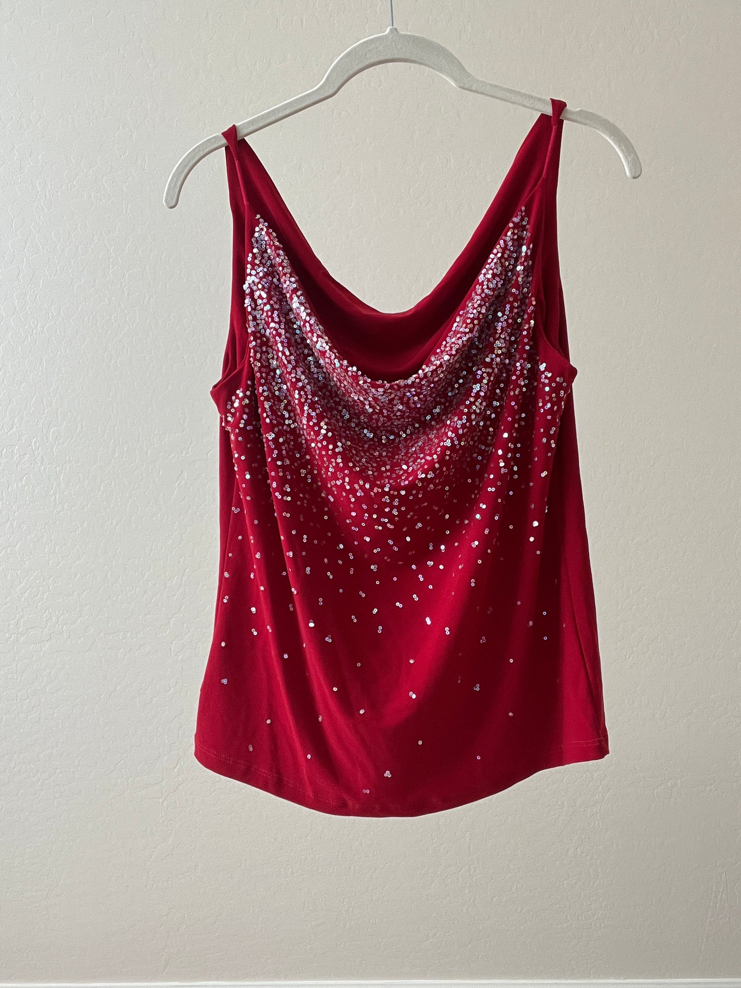 Red Sequin Cowl Neck Tank