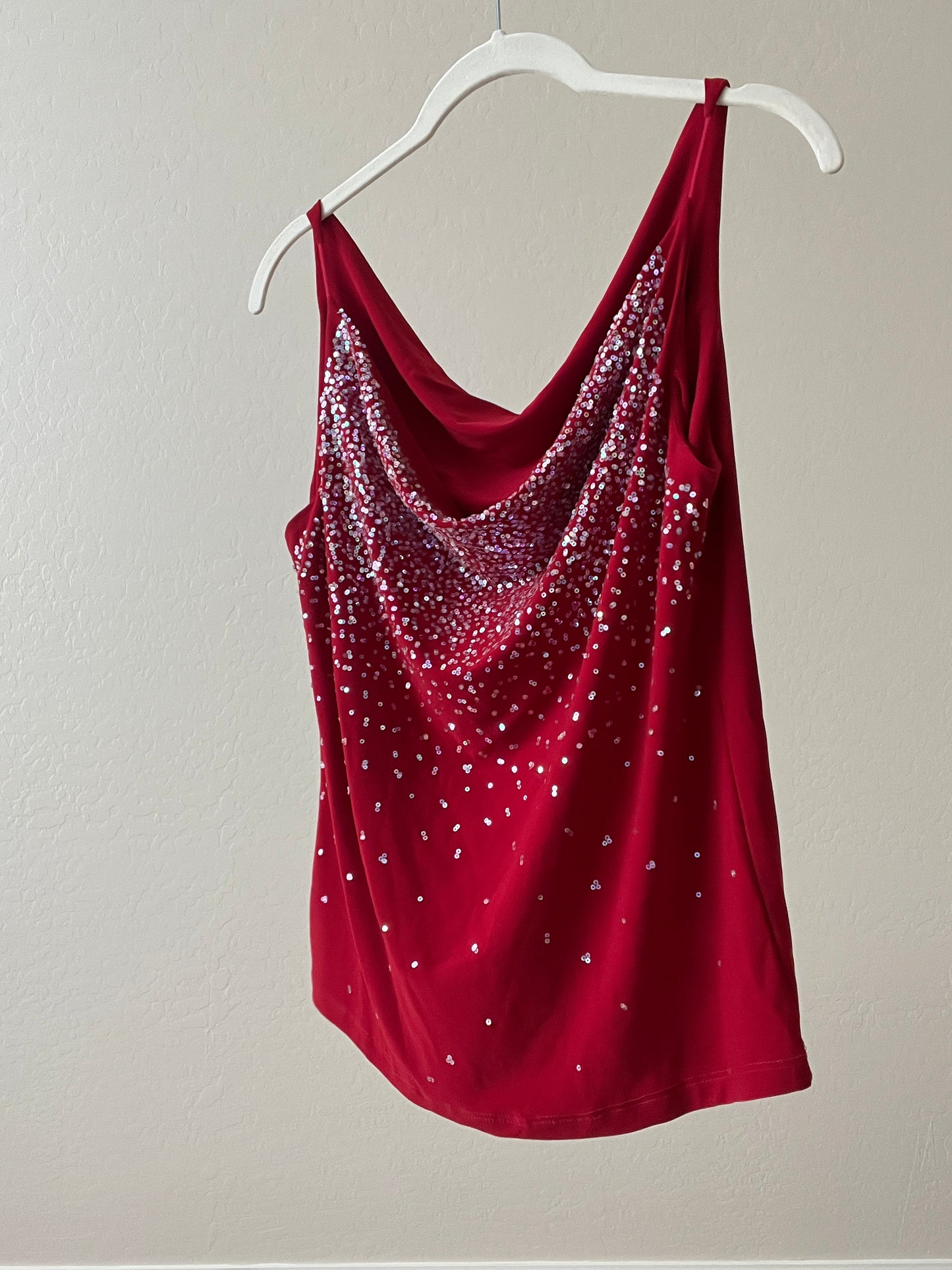 Red Sequin Cowl Neck Tank