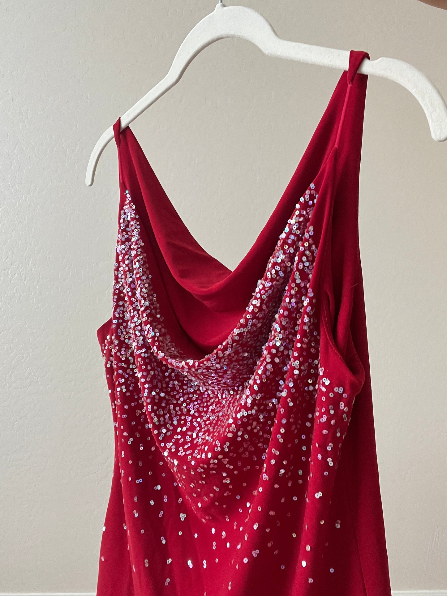 Red Sequin Cowl Neck Tank