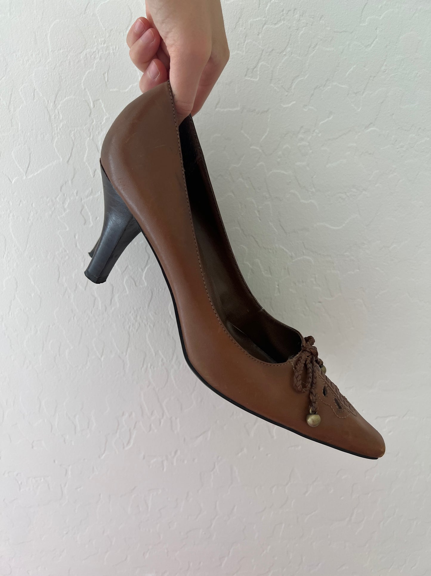 Brown Leather Pointed Toe Heels